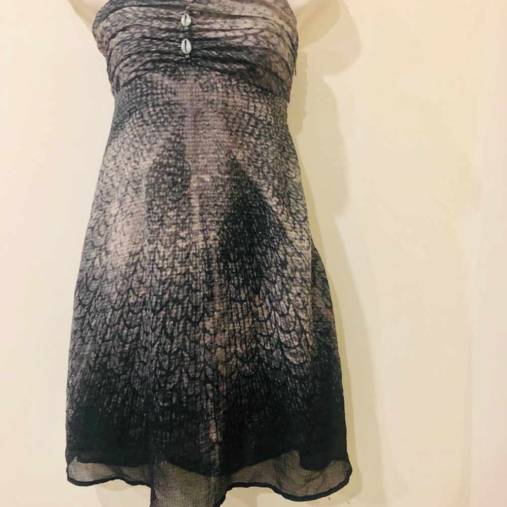 Free People Black and Gray Strapless Patterned Midi Dress